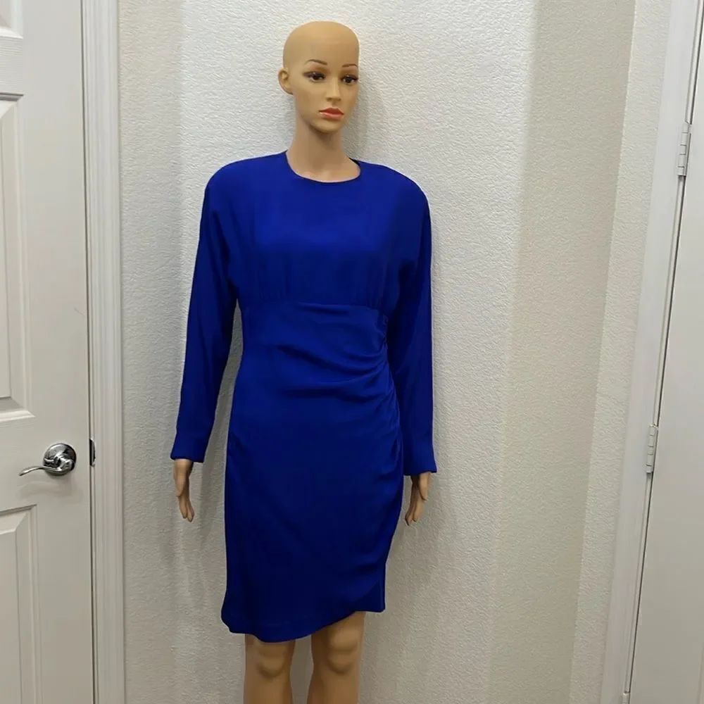 Nipon Petites Dress Sz 10 Royal Blue Long Sleeve Slimming Ruched Waist Midi Zip